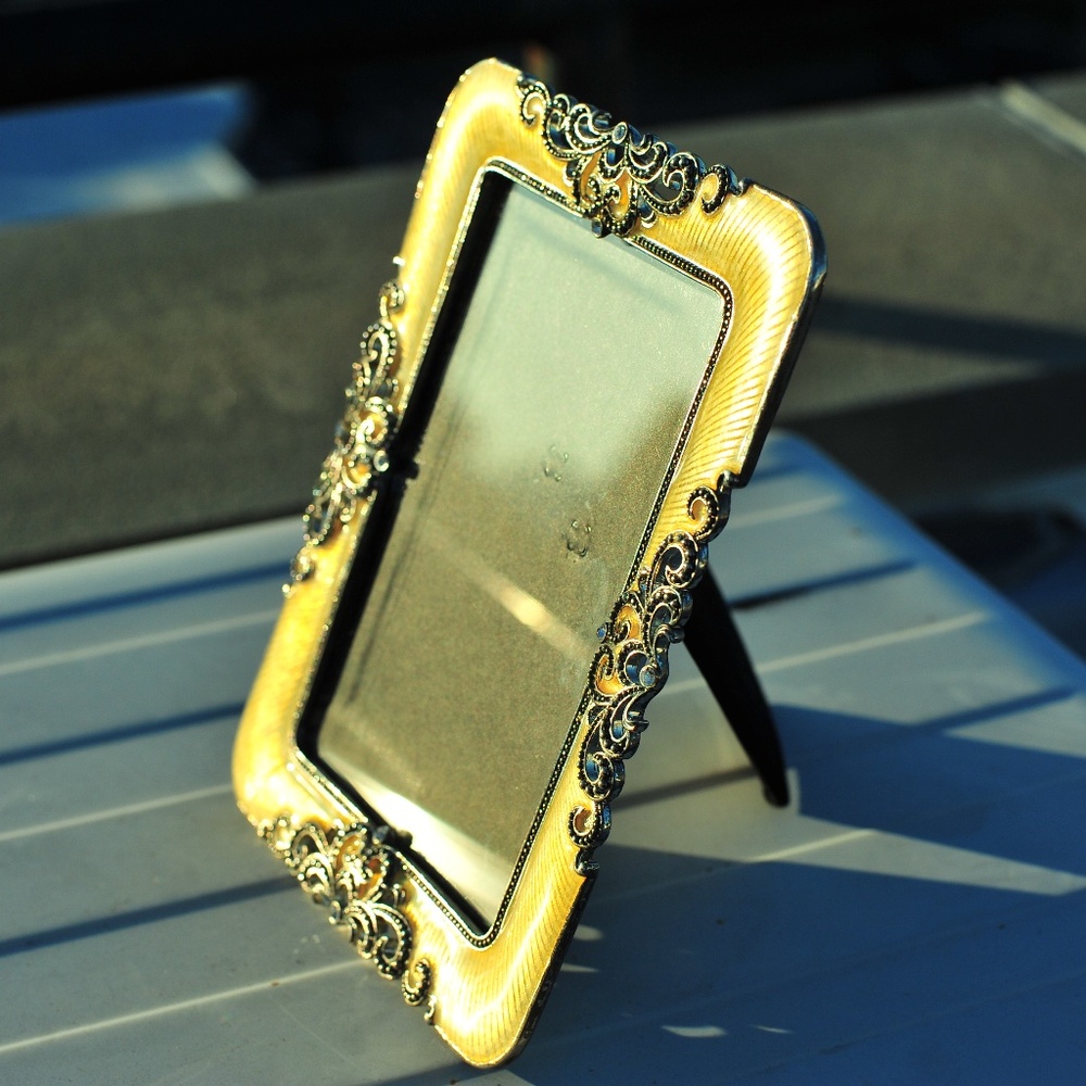 Vintage Metalwork Floral Metallic Yellow Glazed Silver Crystals Picture Frame